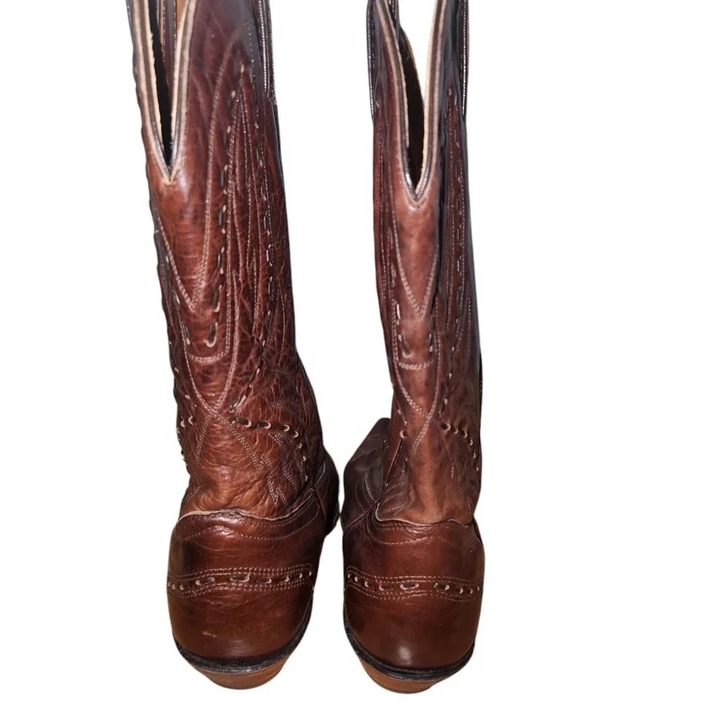 Vintage Boulet Leather Cowboy Boots, Western Brown, Decorative Stitching 8 Wide‎